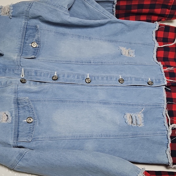 “Denim Jacket Hoodie Plaid Flannel Distressed – Size M” - Picture 6 of 6